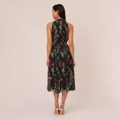 Adrianna Papell Floral Pleated Chiffon Dress With Mock Neckline In Hunter Multi -Cheap Vesta Gleam Store AP1D104866 AH390 Regular Back