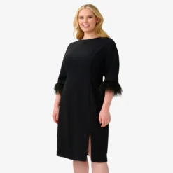 Adrianna Papell Plus Size Crepe Sheath Dress With V-Back And Feather-Trim Sleeves In Black -Cheap Vesta Gleam Store AP1D104892 AA002 Plus Default efaf64b8 b4a7 4fd7 b836 6ffd6eef42e9