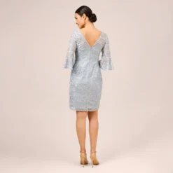 Adrianna Papell Sequined And Guipure Lace Illusion Short Sheath Cocktail Dress In Skyway -Cheap Vesta Gleam Store AP1D104894 AC459 Regular Back