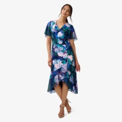 Adrianna Papell Floral-Print Stretch Twill And Chiffon Short Dress With Flounce Hem In Navy Multi -Cheap Vesta Gleam Store AP1D104895 AD411 Regular Alternate