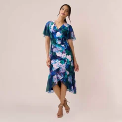 Adrianna Papell Floral-Print Stretch Twill And Chiffon Short Dress With Flounce Hem In Navy Multi