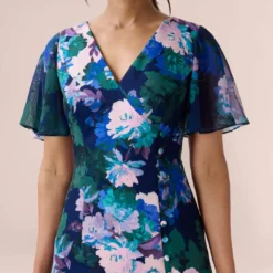 Adrianna Papell Floral-Print Stretch Twill And Chiffon Short Dress With Flounce Hem In Navy Multi -Cheap Vesta Gleam Store AP1D104895 AD411 Regular Detail