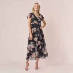Adrianna Papell Metallic Floral-Print Chiffon And Jersey Cropped Jumpsuit With Overlay In Black Multi