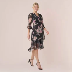 Adrianna Papell Metallic Floral-Print Chiffon Short Wrap Dress In Black Multi