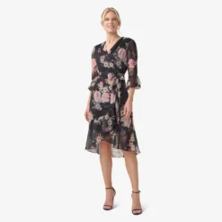 Adrianna Papell Metallic Floral-Print Chiffon Short Wrap Dress In Black Multi -Cheap Vesta Gleam Store AP1D104917 AA963 Regular Side