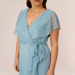 Adrianna Papell Plus Size Floral Metallic Stencil Midi-Length Mermaid Dress With Capelet In Light Blue -Cheap Vesta Gleam Store AP1D104918 AA486 Plus Lifestyle