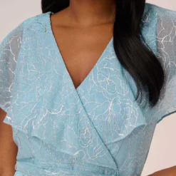 Adrianna Papell Floral Metallic Stencil Midi-Length Mermaid Dress With Capelet In Light Blue -Cheap Vesta Gleam Store AP1D104918 AA486 Regular Detail