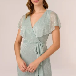 Adrianna Papell Floral Metallic Stencil Midi-Length Mermaid Dress With Capelet In Sea Glass -Cheap Vesta Gleam Store AP1D104918 AD480 Regular Detail