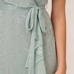 Adrianna Papell Floral Metallic Stencil Midi-Length Mermaid Dress With Capelet In Sea Glass -Cheap Vesta Gleam Store AP1D104918 AD480 Regular Lifestyle