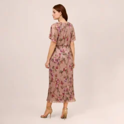 Adrianna Papell Floral-Print Metallic Crinkled Mesh Midi-Length Blouson Dress In Rose Multi -Cheap Vesta Gleam Store AP1D104919 AE590 Regular Back