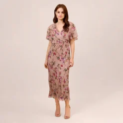 Adrianna Papell Floral-Print Metallic Crinkled Mesh Midi-Length Blouson Dress In Rose Multi