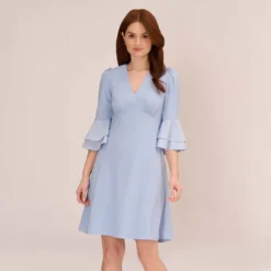 Adrianna Papell Satin Crepe Short Fit-And-Flare Dress With Tiered Bell Sleeves In Elegant Sky