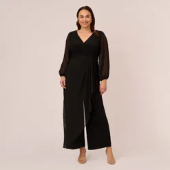 Adrianna Papell Plus Size Long Sleeve Jersey Jumpsuit With Chiffon Details In Black
