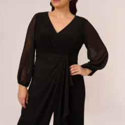 Adrianna Papell Plus Size Long Sleeve Jersey Jumpsuit With Chiffon Details In Black -Cheap Vesta Gleam Store AP1D104925 AA002 Plus Detail c61224c9 7ea6 42a8 8453 bf2faa9b2f78