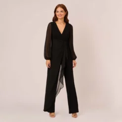 Adrianna Papell Long Sleeve Jersey Jumpsuit With Chiffon Details In Black