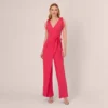 Adrianna Papell Stretch Knit Crepe Faux Wrap Wide Leg Jumpsuit With Overlay In Pink Lotus