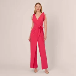 Adrianna Papell Stretch Knit Crepe Faux Wrap Wide Leg Jumpsuit With Overlay In Pink Lotus
