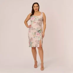 Adrianna Papell Plus Size Floral Matelasse Sheath Dress With Draped Details In Marble Multi -Cheap Vesta Gleam Store AP1D104940 AA291 Plus Front