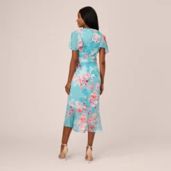 Adrianna Papell Floral Print Chiffon And Stretch Twill Midi-Length Mermaid Dress With Capelet In Aqua Multi -Cheap Vesta Gleam Store AP1D104950 BZ980 Regular Back