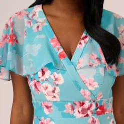 Adrianna Papell Floral Print Chiffon And Stretch Twill Midi-Length Mermaid Dress With Capelet In Aqua Multi -Cheap Vesta Gleam Store AP1D104950 BZ980 Regular Detail