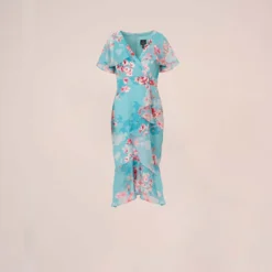 Adrianna Papell Floral Print Chiffon And Stretch Twill Midi-Length Mermaid Dress With Capelet In Aqua Multi -Cheap Vesta Gleam Store AP1D104950 BZ980 Regular Flat