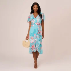 Adrianna Papell Floral Print Chiffon And Stretch Twill Midi-Length Mermaid Dress With Capelet In Aqua Multi