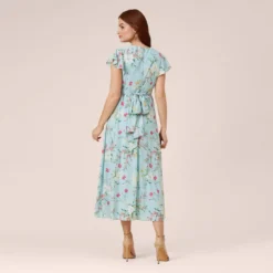 Adrianna Papell Floral Print Stretch Chiffon Midi-Length Fit-And-Flare Dress With Flutter Sleeves In Mint Smoke -Cheap Vesta Gleam Store AP1D104952 AH484 Regular Back