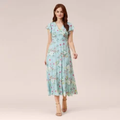 Adrianna Papell Floral Print Stretch Chiffon Midi-Length Fit-And-Flare Dress With Flutter Sleeves In Mint Smoke