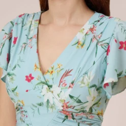 Adrianna Papell Floral Print Stretch Chiffon Midi-Length Fit-And-Flare Dress With Flutter Sleeves In Mint Smoke -Cheap Vesta Gleam Store AP1D104952 AH484 Regular Side