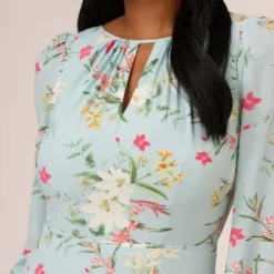 Adrianna Papell Floral Print Stretch Chiffon Tiered Ruffled Midi-Length Dress In Mint Smoke -Cheap Vesta Gleam Store AP1D104953 AH484 Regular Detail