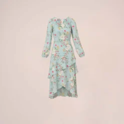 Adrianna Papell Floral Print Stretch Chiffon Tiered Ruffled Midi-Length Dress In Mint Smoke -Cheap Vesta Gleam Store AP1D104953 AH484 Regular Flat