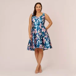 Adrianna Papell Plus Size Floral Print Mikado Short High Low Fit-And-Flare Dress In Navy Multi -Cheap Vesta Gleam Store AP1D104962 AA980 Plus Front