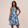 Adrianna Papell Floral Print Mikado Short High Low Fit-And-Flare Dress In Navy Multi