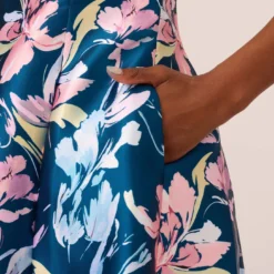 Adrianna Papell Floral Print Mikado Short High Low Fit-And-Flare Dress In Navy Multi -Cheap Vesta Gleam Store AP1D104962 AA980 Regular Lifestyle