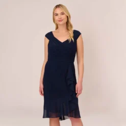 Adrianna Papell Plus Size Chiffon And Jersey Flounce Draped Dress With Pleated Details In Midnight
