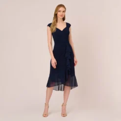 Adrianna Papell Chiffon And Jersey Flounce Draped Dress With Pleated Details In Midnight
