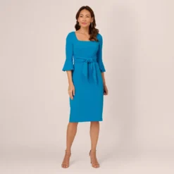Adrianna Papell Stretch Knit Crepe Tie-Front Midi-Length Sheath Dress In Deep Cerulean -Cheap Vesta Gleam Store AP1D104978 AB431 Regular Front