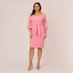 Adrianna Papell Plus Size Stretch Knit Crepe Tie-Front Midi-Length Sheath Dress In Faded Rose -Cheap Vesta Gleam Store AP1D104978 AK660 Plus Front
