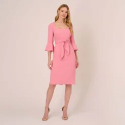 Adrianna Papell Stretch Knit Crepe Tie-Front Midi-Length Sheath Dress In Faded Rose -Cheap Vesta Gleam Store AP1D104978 AK660 Regular Front