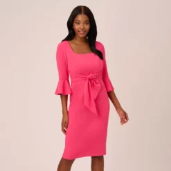 Adrianna Papell Stretch Knit Crepe Tie-Front Midi-Length Sheath Dress In Camellia