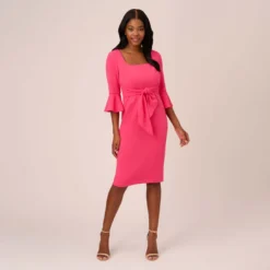 Adrianna Papell Stretch Knit Crepe Tie-Front Midi-Length Sheath Dress In Camellia -Cheap Vesta Gleam Store AP1D104978 AK672 Regular Front