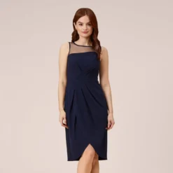 Adrianna Papell Stretch Knit Crepe Draped Illusion Short Faux Wrap Dress In Midnight