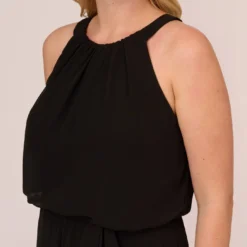 Adrianna Papell Plus Size Halter Jumpsuit With Chiffon Overlay Skirt In Black -Cheap Vesta Gleam Store AP1D104983 AA002 Plus Detail