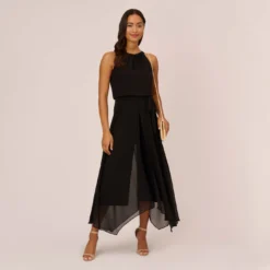 Adrianna Papell Halter Jumpsuit With Chiffon Overlay Skirt In Black