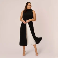 Adrianna Papell Plus Size Colorblock Matte Crepe Cropped Jumpsuit With Skirt Overlay In Black Ivory