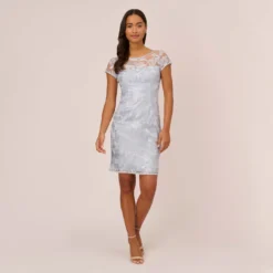 Adrianna Papell Floral Embroidered Sheath Dress With Short Sleeves In Blue Breeze -Cheap Vesta Gleam Store AP1D104993 AD497 Regular Front