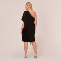Adrianna Papell Plus Size One Shoulder Dress With Chiffon Cape In Black -Cheap Vesta Gleam Store AP1D104997 AA002 Plus Back