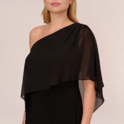 Adrianna Papell Plus Size One Shoulder Dress With Chiffon Cape In Black -Cheap Vesta Gleam Store AP1D104997 AA002 Plus Detail