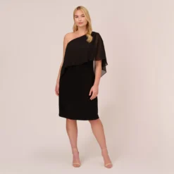 Adrianna Papell Plus Size One Shoulder Dress With Chiffon Cape In Black -Cheap Vesta Gleam Store AP1D104997 AA002 Plus Front