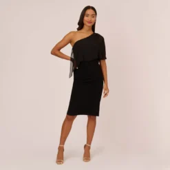 Adrianna Papell One Shoulder Dress With Chiffon Cape In Black -Cheap Vesta Gleam Store AP1D104997 AA002 Regular Front